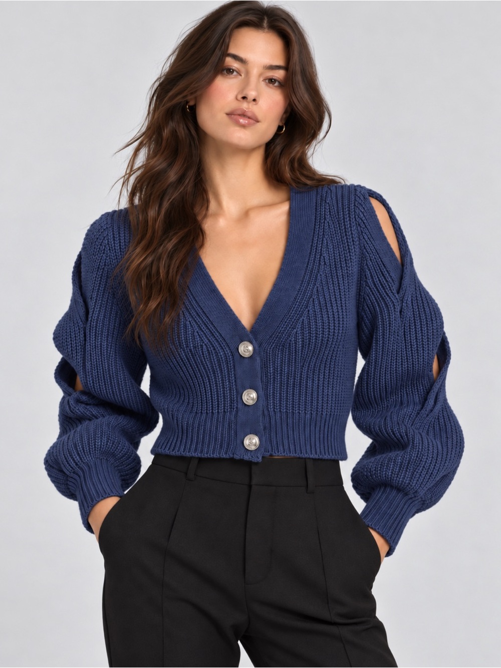 Derek Lam 10 Crosby V-Neck Cropped braided  Sweater in Navy size large